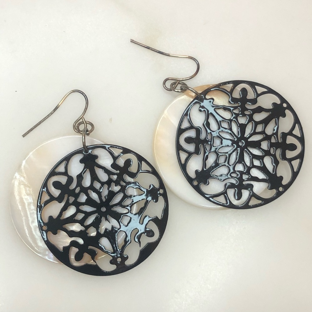 Laced Metal & Shell Disk Earrings NEW